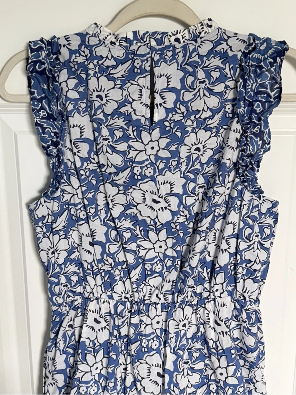 J.Crew Blue & White Ruffle-Sleeve Tiered Cotton Midi Dress Size 10 54953